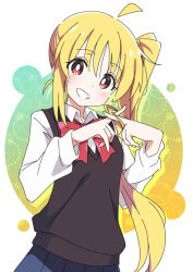 Rule 34 | 1girl, ahoge, black sweater vest, blonde hair, bocchi the rock!, bow, bowtie, clenched teeth, commentary, ijichi nijika, ixy, long hair, looking at viewer, red bow, red bowtie, red eyes, side ponytail, smile, solo, sweater vest, symbol-only commentary, teeth, two-tone background, white background