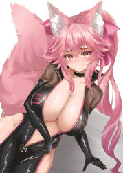 Rule 34 | 1girl, absurdres, animal ear fluff, animal ears, black bodysuit, blush, bodysuit, bow, breasts, center opening, choker, cleavage, fate/grand order, fate (series), fox ears, fox girl, fox tail, hair between eyes, hair bow, highres, hip vent, koyanskaya (assassin) (first ascension) (fate), koyanskaya (fate), large breasts, long hair, looking at viewer, nanakuro, pink bow, pink hair, ponytail, sidelocks, smile, solo, tail, tamamo (fate), thighs, yellow eyes