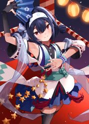 Rule 34 | 1girl, absurdres, arm up, armpits, black hair, black thighhighs, commentary request, dancing, double bun, folding fan, gloves, hair bun, hairband, hand fan, highres, idolmaster, idolmaster shiny colors, japanese clothes, kimono, looking at viewer, morino rinze, night, partially fingerless gloves, puni (punycolors), red eyes, ribbon-trimmed sleeves, ribbon trim, single glove, smile, solo, thighhighs