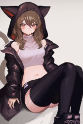 Rule 34 | 1girl, animal ears, animal hood, ass, warrior of light (ff14), bare shoulders, black footwear, black jacket, black shorts, black thighhighs, breasts, brown hair, cat ears, cat girl, cat tail, closed mouth, commission, crop top, cyobiro, expressionless, facial mark, final fantasy, final fantasy xiv, grey background, high collar, hood, jacket, knees up, long hair, long sleeves, looking at viewer, medium breasts, micro shorts, midriff, miqo&#039;te, multicolored hair, navel, off shoulder, open clothes, open jacket, red eyes, shirt, shoes, short shorts, shorts, simple background, sitting, skeb commission, sleeveless, sleeveless shirt, solo, stomach, streaked hair, tail, thighhighs, thighs, wavy hair, white shirt