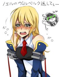 Rule 34 | 1girl, 6 (yuchae), arc system works, bare shoulders, blazblue, blonde hair, chibi, chibi inset, crying, crying with eyes open, detached sleeves, green eyes, hazama, long hair, necktie, noel vermillion, solo, tears, translation request, uniform