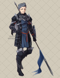 Rule 34 | 1boy, alternate costume, armor, armored boots, boots, commission, fire emblem, fire emblem fates, flamingo (eme324), green eyes, grey hair, highres, holding, holding polearm, holding weapon, male focus, nintendo, polearm, quiff, shoulder armor, silas (fire emblem), solo, weapon
