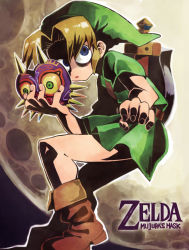 Rule 34 | 1boy, blonde hair, blue eyes, boots, hat, link, male focus, mask, moon, nintendo, pointy ears, shaded face, solo, the legend of zelda, the legend of zelda: majora&#039;s mask, tunic, typo, walrus-ruin, young link