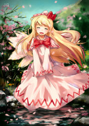 Rule 34 | 1girl, blonde hair, cherry blossoms, dress, closed eyes, female focus, happy, hat, highres, jq, lily white, long hair, petals, sleeves past wrists, smile, solo, touhou