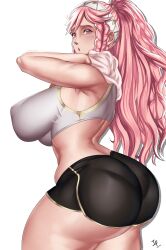 Rule 34 | 1girl, absurdres, alternate costume, arcedo, ass, ass focus, bare shoulders, blush, booty shorts, braid, breasts, fire emblem, fire emblem awakening, from behind, hairband, highres, huge ass, huge breasts, large breasts, long hair, looking at viewer, nintendo, olivia (fire emblem), pantylines, pink eyes, pink hair, ponytail, short shorts, shorts, sideboob, solo, sports bra, sweat, thick thighs, thighs, towel, very long hair