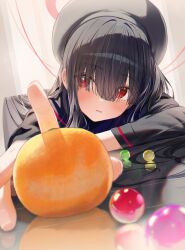 Rule 34 | 1girl, absurdres, beret, black hat, black shirt, blue archive, blunt bangs, blurry, blush, depth of field, fingernails, food, fruit, hair over eyes, hair spread out, halo, hand on table, hat, hidulume, highres, justice task force member (blue archive), long hair, long sleeves, looking at viewer, mandarin orange, marble (toy), open mouth, reaching, red eyes, red halo, shirt, simple background, solo, upper body, white background