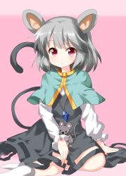 Rule 34 | 1girl, animal, animal ears, animal on lap, aqua capelet, arm support, capelet, crystal, expressionless, gold trim, gradient background, green capelet, grey hair, grey skirt, grey vest, hair between eyes, highres, jewelry, long sleeves, looking at viewer, mouse (animal), mouse ears, mouse tail, nazrin, on ground, on lap, pendant, pink background, red eyes, ruu (tksymkw), shirt, short hair, simple background, sitting, skirt, skirt set, solo, tail, touhou, vest, white legwear, white shirt, yokozuwari