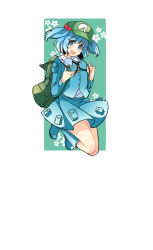 Rule 34 | 1girl, :d, backpack, bag, blue eyes, blue footwear, blue hair, blue jacket, blue skirt, boots, border, flat cap, floral background, green background, green bag, green hat, hair bobbles, hair ornament, hat, haya taro pochi, jacket, kawashiro nitori, key, legs up, long sleeves, looking at viewer, open mouth, pocket, short hair, skirt, smile, solo, touhou, twintails, white border