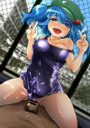 Rule 34 | 1boy, 1girl, ahegao, areola slip, bar censor, bare shoulders, blue eyes, blue hair, blue sky, breasts, cabbie hat, censored, chain-link fence, clothed sex, clothing aside, collarbone, covered erect nipples, cowgirl position, cum, cum in pussy, day, double v, drooling, female ejaculation, fence, flanvia, fucked silly, girl on top, green headwear, hair bobbles, hair ornament, hat, heart, heart-shaped pupils, hetero, highres, kawashiro nitori, large breasts, male pubic hair, nipple slip, nipples, off shoulder, one-piece swimsuit, open mouth, penis, pubic hair, pussy juice, saliva, school, school swimsuit, sex, shiny clothes, short hair, short twintails, skindentation, sky, solo focus, straddling, strap slip, sweat, sweatdrop, swimsuit, swimsuit aside, symbol-shaped pupils, tears, tongue, tongue out, torogao, touhou, twintails, two side up, v, vaginal, wet