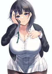 Rule 34 | 1girl, absurdres, asaka karin, black hair, black jacket, black pantyhose, blazer, blue eyes, breasts, cleavage, curvy, hand on own chest, hand on own face, hand up, highres, huge breasts, jacket, large breasts, long hair, long sleeves, looking at viewer, love live!, love live! nijigasaki high school idol club, mole, mole on collarbone, namazu (yamasonson), nijigasaki school uniform, pantyhose, plump, school uniform, shirt, simple background, skirt, smile, solo, white background, white shirt, white skirt, wide hips