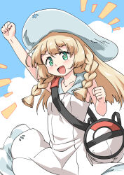 Rule 34 | 1girl, :d, arm up, bag, blonde hair, blush, braid, bright pupils, clenched hands, collared dress, commentary request, creatures (company), day, dress, duffel bag, futatsuki hisame, game freak, green eyes, hat, highres, lillie (pokemon), long hair, nintendo, open mouth, outdoors, poke ball theme, pokemon, pokemon sm, sleeveless, sleeveless dress, smile, solo, sun hat, sundress, tongue, twin braids, white dress, white hat, white pupils