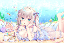 Rule 34 | 1girl, :o, absurdres, bare arms, barefoot, blue dress, blue eyes, blush, breasts, bubble, cleavage, clownfish, collarbone, commentary request, cup, dress, feet, feet up, fish, goldfish, hair between eyes, hair ribbon, highres, large breasts, light brown hair, long hair, looking at viewer, lying, ocean, on stomach, open mouth, original, ribbon, saucer, shell, starfish hair ornament, sundress, teacup, teapot, the pose, toes, twintails, underwear, yukimura usagi