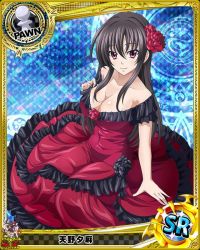 Rule 34 | 10s, 1girl, artist request, black hair, breasts, card (medium), character name, chess piece, cleavage, dress, flower, hair flower, hair ornament, high school dxd, large breasts, long hair, official art, pawn (chess), purple eyes, raynare, red dress, smile, solo, trading card