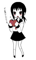 Rule 34 | 00s, 1girl, :o, artist request, black hair, black skirt, blush, box, chibi, chocolate, collarbone, heart, heart-shaped box, holding, kaga ai, long sleeves, looking at viewer, monochrome, one-piece swimsuit, open mouth, ponytail, red eyes, sayonara zetsubou sensei, sidelocks, skirt, solo, swimsuit, tareme, white one-piece swimsuit