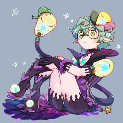 Rule 34 | 1girl, boots, chest jewel, closed mouth, full body, glasses, gloves, green eyes, green hair, grey background, jacket, looking at animal, pandoria (xenoblade), pointy ears, purple footwear, purple gloves, purple jacket, purple shorts, rubi nemesis, short hair, shorts, simple background, solo, tail, turters (xenoblade), xenoblade chronicles (series), xenoblade chronicles 2