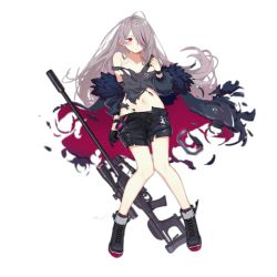 Rule 34 | 1girl, anti-materiel rifle, bare shoulders, black footwear, black gloves, black shorts, blush, bolt-action rifle, boots, breasts, coat, cross-laced footwear, earphones, feather-trimmed coat, floating hair, full body, girls&#039; frontline, gloves, goggles, goggles around neck, grey coat, grey hair, grey tank top, gun, lace-up boots, logo, long hair, long legs, looking away, medium breasts, multicolored hair, multiple straps, navel, off shoulder, official art, open clothes, open coat, purple eyes, purple hair, rifle, scope, shorts, sidelocks, single glove, sniper rifle, sola7764, solo, stomach, streaked hair, suppressor, t-cms (girls&#039; frontline), tank top, tinted eyewear, torn clothes, transparent background, truvelo armoury, truvelo cms, very long hair, weapon, wristband