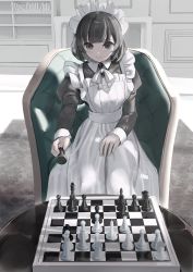 Rule 34 | 1girl, absurdres, apron, armchair, black dress, black hair, board game, book, bow, chair, checkmate, chess, chess piece, chessboard, closed mouth, collared dress, commentary, dress, frilled apron, frills, grey eyes, highres, holding, indoors, juliet sleeves, long sleeves, looking at viewer, maid, maid apron, maid headdress, on chair, original, puffy sleeves, shii (kairi-t-k0317), sleeves past wrists, smile, solo, table, white apron, white bow