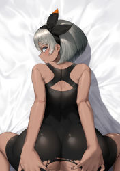 Rule 34 | 1girl, absurdres, ass, bad id, bad pixiv id, bare arms, bare shoulders, bea (pokemon), bed, bed sheet, black bodysuit, black hairband, bodysuit, butt crack, closed mouth, commentary request, creatures (company), dark-skinned female, dark skin, feet out of frame, game freak, greem bang, grey hair, hairband, highres, implied sex, looking at viewer, looking back, lying, muscular, muscular female, nintendo, on bed, on stomach, out-of-frame censoring, pokemon, pokemon swsh, profile, short hair, solo, spread ass, sweatdrop, torn bodysuit, torn clothes
