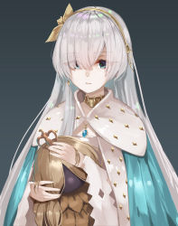 Rule 34 | 1girl, absurdres, amagasa yun, anastasia (fate), blue eyes, cape, choker, commentary request, crown, doll, earrings, eyes visible through hair, fate/grand order, fate (series), gem, grey background, hair over one eye, hairband, highres, holding, holding doll, jewelry, long hair, looking at viewer, mini crown, necklace, pendant, royal robe, silver hair, simple background, single earring, solo, upper body