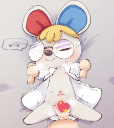 Rule 34 | 1boy, 1girl, animal crossing, animal ears, animal nose, arms up, bar censor, barefoot, bed sheet, black eyes, blonde hair, blush, body fur, bottomless, breath, censored, closed mouth, coat, eikuchi akarina, emoji, emoji censor, erection, flat chest, from above, full body, furry, furry with non-furry, glasses, grey background, grey fur, half-closed eyes, happy sex, heart, heart censor, hetero, holding hands, interspecies, lab coat, long sleeves, looking at viewer, lying, mouse ears, mouse girl, navel, nintendo, nipples, on back, open clothes, open coat, outstretched arms, penis, petri (animal crossing), pince-nez, pov, round eyewear, sex, short hair, simple background, smile, solo focus, speech bubble, spoken heart, spread arms, spread legs, steam, steaming body, stomach, stomach bulge, sweat, trembling, vaginal, white coat