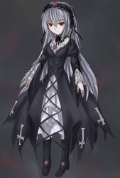 Rule 34 | 00s, 1girl, black background, cross-laced clothes, full body, hairband, lolita hairband, long hair, looking at viewer, red eyes, rozen maiden, silver hair, simple background, solo, standing, suigintou, very long hair, yanphoenix