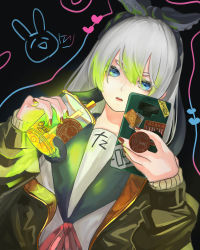 Rule 34 | 1girl, absurdres, blue eyes, bubble tea, commentary request, cup, disposable cup, dutch angle, eveyeil, eyebrows hidden by hair, glowing, glowing liquid, green jacket, hair between eyes, hair ribbon, heart, highres, holding, holding cup, holding phone, horizontal pupils, jacket, long hair, nail polish, original, parted lips, phone, red nails, ribbon, sailor collar, sleeves past wrists, solo, tentacle hair ornament, upper body, white hair