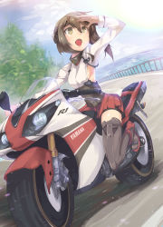 Rule 34 | 10s, 1girl, absurdres, armadillo-tokage, bad id, bad pixiv id, bike shorts, boots, brown eyes, brown hair, hand on forehead, headband, headgear, highres, kantai collection, looking at viewer, military, military uniform, motor vehicle, motorcycle, open mouth, pleated skirt, red skirt, riding, short hair, skirt, solo, taihou (kancolle), thigh boots, thighhighs, uniform, vehicle, yamaha, yamaha yzf-r1