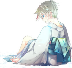 Rule 34 | 1boy, blonde hair, blue eyes, full body, japanese clothes, kagamine len, kimono, maclo, male focus, simple background, sitting, solo, trap, vocaloid