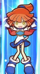 Rule 34 | 1girl, arle nadja, armor, armored dress, blue background, blue footwear, blue skirt, boots, breastplate, cape, child, clothes lift, colored skin, full body, lowres, muneate, open mouth, orange hair, panties, pointing, pointing forward, ponytail, puyopuyo, sega, skirt, skirt lift, smile, solo, standing, underwear, white skin, yellow eyes