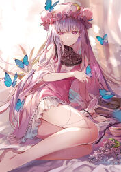 Rule 34 | 1girl, arm support, bare arms, bare legs, barefoot, beads, black collar, blue butterfly, blurry, blurry background, book, breasts, bug, butterfly, butterfly on hand, closed mouth, collar, crescent, crescent hat ornament, cup, dress, flower, frilled dress, frilled hat, frills, glasses, hat, hat ornament, highres, insect, kita (kitairoha), lace collar, lavender (flower), legs, light particles, light smile, long hair, looking at viewer, lying, non-web source, on side, patchouli knowledge, pink dress, pink hat, plant, purple eyes, purple hair, scan, sidelocks, small breasts, smile, solo, teacup, touhou, unworn eyewear