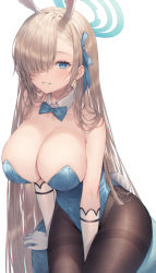 Rule 34 | 1girl, animal ears, arm support, asuna (blue archive), asuna (bunny) (blue archive), bare shoulders, between legs, blue archive, blue bow, blue bowtie, blue eyes, blue leotard, blue ribbon, bow, bowtie, breasts, brown pantyhose, cleavage, collarbone, commentary, cowboy shot, detached collar, elbow gloves, fake animal ears, fake tail, gloves, grin, groin, hair between eyes, hair over one eye, hair ribbon, hairband, halo, hand between legs, highres, large breasts, leotard, light brown hair, long hair, looking at viewer, me meel, mole, mole on breast, one eye covered, pantyhose, playboy bunny, rabbit ears, rabbit tail, ribbon, simple background, sitting, smile, solo, stool, strapless, strapless leotard, tail, thighband pantyhose, traditional bowtie, very long hair, white background, white gloves, white hairband