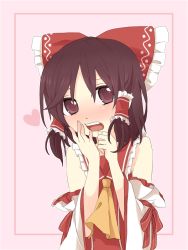 Rule 34 | 1girl, ascot, bare shoulders, blush, bow, brown eyes, brown hair, collar, collared dress, detached sleeves, dress, fang, hair between eyes, hair ornament, hair tubes, hakurei reimu, hands up, heart, long sleeves, looking at viewer, open mouth, pink background, red bow, red dress, short hair, simple background, solo, teeth, tongue, touhou, tsuno no hito, wide sleeves, yellow ascot