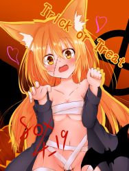 Rule 34 | 1girl, :d, animal ears, bandages, bat (animal), blonde hair, claw pose, fang, fox ears, halloween, halloween costume, heart, highres, jack-o&#039;-lantern, kouhii kitsune, long hair, open mouth, original, smile, solo, stitches, trick or treat, yellow eyes