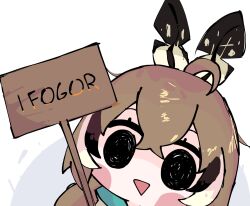 Rule 34 | 1girl, ahoge, black eyes, blush stickers, brown hair, chibi, commentary, crossed bangs, english commentary, english text, feather hair ornament, feathers, hair between eyes, hair ornament, highres, holding, holding sign, hololive, hololive english, i forgor (meme), koyoinacho, long hair, looking at viewer, meme, multicolored hair, nanashi mumei, open mouth, portrait, sidelocks, sign, simple background, smile, smol mumei, solid circle eyes, solo, straight-on, streaked hair, triangle mouth, virtual youtuber, white background