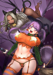 Rule 34 | :3, animal ears, ass, basket, breasts, broom, brown hair, cat ears, cat tail, commentary request, dark-skinned female, dark skin, fang, highres, impossible clothes, impossible shirt, jack-o&#039;-lantern, kuzukago (bitchmaker), large breasts, long hair, looking at viewer, midriff, navel, open mouth, purple background, purple eyes, purple hair, round teeth, shirt, simple background, skindentation, slit pupils, smile, star (symbol), striped clothes, striped legwear, striped thighhighs, tail, teeth, thighhighs, twintails, yellow eyes