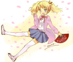 Rule 34 | 1girl, :d, alice cartelet, blonde hair, blue eyes, blue skirt, blush, bow, bowtie, cardigan, collared shirt, folding fan, full body, hair ornament, hair stick, hand fan, holding, holding fan, kin-iro mosaic, kneehighs, looking at viewer, open cardigan, open clothes, open mouth, petals, pink cardigan, pleated skirt, red bow, school uniform, shirt, shoes, signature, sketch, skirt, smile, socks, solo, sugano manami, teeth, twintails, upper teeth only, uwabaki, waving, white footwear, white socks, white shirt