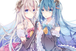 Rule 34 | 2girls, animal ears, bad id, bad pixiv id, bare shoulders, bell, black gloves, blue eyes, blue hair, bow, detached sleeves, elbow gloves, gloves, hair between eyes, hatsune miku, highres, horns, ia (vocaloid), long hair, looking at viewer, mirage papillon, multiple girls, nail polish, sheep ears, sheep horns, twintails, very long hair, vocaloid, white hair
