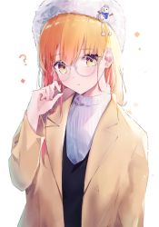 Rule 34 | 1girl, ?, arm up, blush, glasses, hair between eyes, long hair, long sleeves, looking at viewer, orange eyes, orange hair, original, shaded face, signature, simple background, solo, standing, tr (hareru), upper body, white background