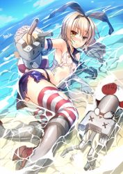 Rule 34 | 10s, 1girl, anchor, anchor hair ornament, arm support, bad id, bad pixiv id, beach, black panties, blonde hair, blush, elbow gloves, full-face blush, gloves, hair ornament, hairband, kantai collection, lifebuoy, long hair, looking at viewer, panties, partially submerged, personification, rensouhou-chan, ryuji (ikeriu), shimakaze (kancolle), skirt, solo, striped clothes, striped thighhighs, swim ring, thighhighs, torn clothes, torn thighhighs, underwear, water, white gloves, yellow eyes
