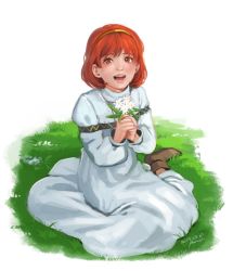 Rule 34 | 1girl, annelie, artist name, bad id, bad pixiv id, boots, dated, dress, fire emblem, fire emblem: mystery of the emblem, flower, grass, hairband, leaf, maria (fire emblem), nintendo, open mouth, red hair, simple background, sitting, solo, teeth, white background