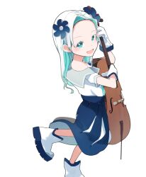 Rule 34 | 1girl, :d, blue dress, cello, commentary, commentary request, dress, english commentary, forehead, from side, gloves, green hair, haneuzu miuneru, holding, holding instrument, instrument, looking at viewer, mixed-language commentary, multicolored hair, open mouth, pleated dress, ryo (ryo skrdi), shirt, shoes, short sleeves, smile, solo, standing, standing on one leg, transparent background, two-tone hair, virtual youtuber, voms, white gloves, white hair, white shirt