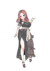 Rule 34 | 1girl, asa no ha (awayuki), black dress, bracelet, breasts, brown hair, dress, hair ornament, jewelry, large breasts, looking at viewer, luxurious club: seraphinite affection, necklace, sandals, shijo mihana, sketch, solo, standing