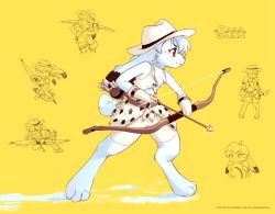 Rule 34 | 1girl, :3, aiming, aiming at viewer, ancesra, animal feet, animal nose, arms up, arrow (projectile), artist name, bare shoulders, barefoot, belt, blush, body fur, bow (weapon), buck teeth, character name, closed mouth, commission, crop top, dated, fedora, female focus, flat chest, from side, full body, fur (clothing), furry, furry female, gloves, hands up, happy, hat, unworn hat, unworn headwear, highres, holding, holding arrow, holding bow (weapon), holding clothes, holding hat, holding weapon, light blush, looking at viewer, multiple views, open mouth, original, partially colored, profile, quiver, rabbit ears, rabbit girl, rabbit tail, red eyes, running, shirt, short hair, shorts, simple background, sleeveless, sleeveless shirt, smile, standing, teeth, watermark, weapon, white fur, white gloves, white hair, white headwear, white shirt, white shorts, yellow background