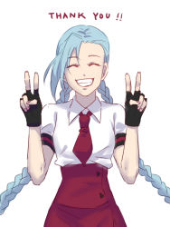 Rule 34 | 1girl, blue hair, braid, closed eyes, gloves, jinx (league of legends), league of legends, leng, long hair, simple background, smile, solo, twin braids