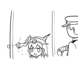 Rule 34 | 1boy, 1girl, admiral (kancolle), bad id, bad twitter id, door, door handle, greyscale, hat, headgear, holding, kantai collection, mo (kireinamo), monochrome, nagato (kancolle), open mouth, parody, smile, thumbs up, aged down