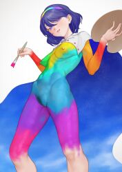 Rule 34 | 1girl, absurdres, black pubic hair, blush, bodypaint, breasts, cape, cleft of venus, commentary request, feet out of frame, female pubic hair, hairband, highres, holding, holding paintbrush, holding palette, looking at viewer, medium breasts, multicolored hairband, naked cape, naked paint, ni (221), nipples, nude, open mouth, paintbrush, palette (object), print cape, pubic hair, purple eyes, purple hair, pussy, rainbow gradient, sagging breasts, short hair, simple background, sky print, smile, solo, tenkyuu chimata, touhou, two-sided cape, two-sided fabric, uncensored, white background, white cape