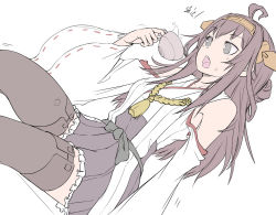 Rule 34 | 10s, 1girl, ahoge, bare shoulders, blush, boots, brown hair, cup, detached sleeves, double bun, hair ornament, hairband, japanese clothes, kantai collection, kongou (kancolle), long hair, looking at viewer, looking down, personification, skirt, smile, solo, spilling, tea, tea (nakenashi), teacup, thigh boots, thighhighs