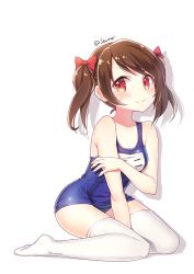 Rule 34 | 10s, 1girl, bad id, bad pixiv id, between legs, black hair, blush, bow, goyain, hair bow, hand between legs, hand on own arm, highres, kneeling, love live!, love live! school idol project, one-piece swimsuit, red eyes, school swimsuit, solo, sweatdrop, swimsuit, thighhighs, twintails, twitter username, white background, white thighhighs, yazawa nico