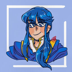 Rule 34 | 1boy, blue eyes, blue hair, blue shirt, closed mouth, collar, commentary, cropped shoulders, english commentary, fire emblem, fire emblem: genealogy of the holy war, fire emblem heroes, highres, large ears, long sideburns, looking to the side, m0rb1dspade, male focus, nintendo, ponytail, seliph (fire emblem), shirt, sideburns, signature, simple background, smile, solo, thick eyebrows