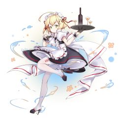 Rule 34 | 1girl, ahoge, alternate costume, apron, azur lane, black dress, black gloves, blonde hair, bottle, bow, bowtie, closed mouth, commentary request, cup, dress, drinking glass, gloves, green eyes, high heels, highres, holding, holding tray, looking at viewer, maid, maid apron, maid headdress, pantyhose, short hair, short sleeves, solo, southampton (azur lane), tray, vilor, white pantyhose, wine bottle, wine glass